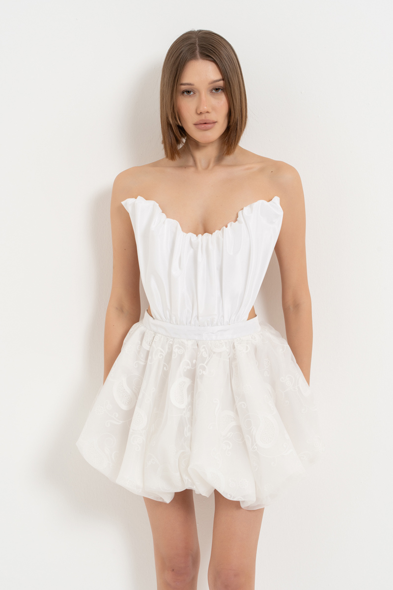 Off white Sırtı Bağcık Detaylı Straplez Mini Elbise