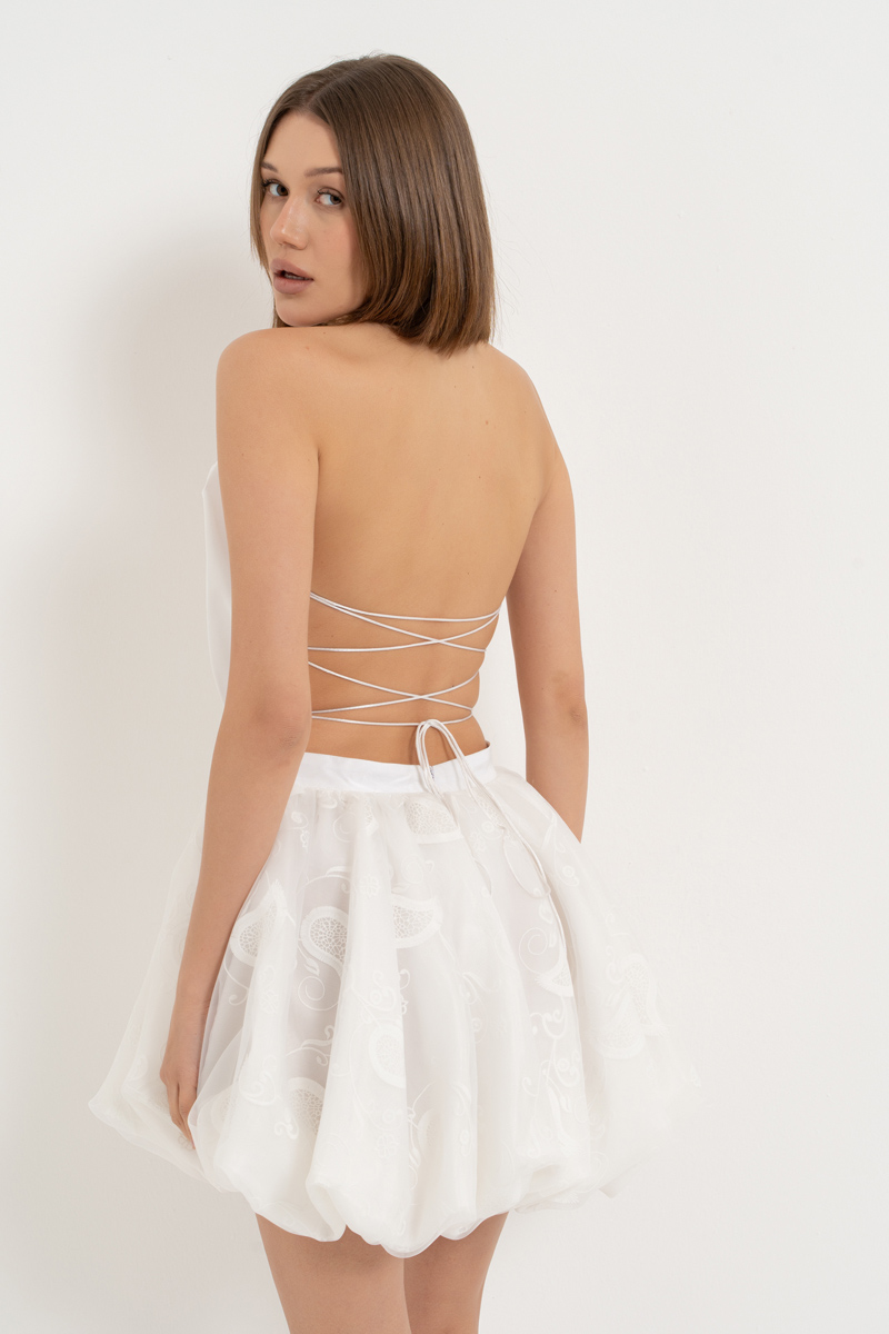 Off white Sırtı Bağcık Detaylı Straplez Mini Elbise