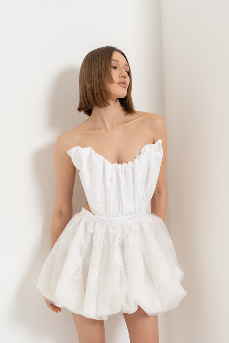 Off white Sırtı Bağcık Detaylı Straplez Mini Elbise