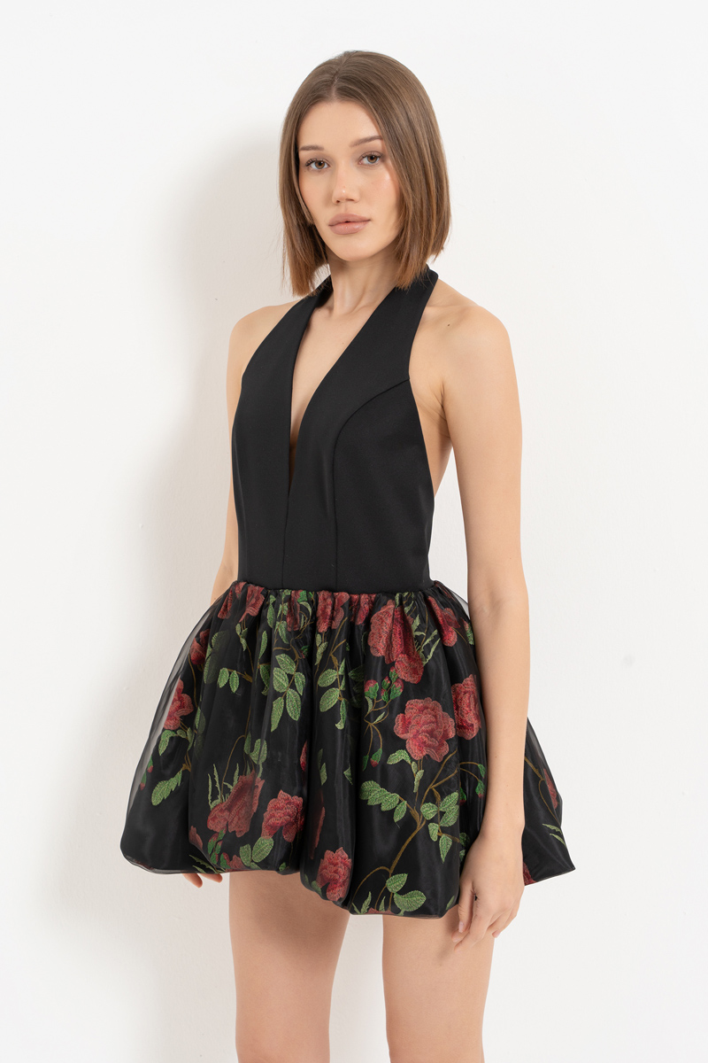 Siyah Boyundan Geçmeli Balon Etekli Mini Elbise