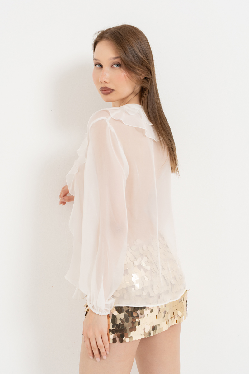 Off white Volan Detaylı Tül Gömlek