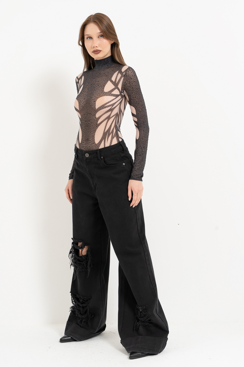 Kontrast Black-Nude Taşlı Body