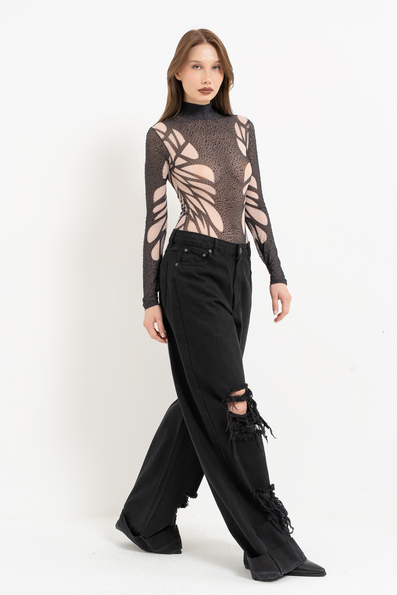 Kontrast Black-Nude Taşlı Body