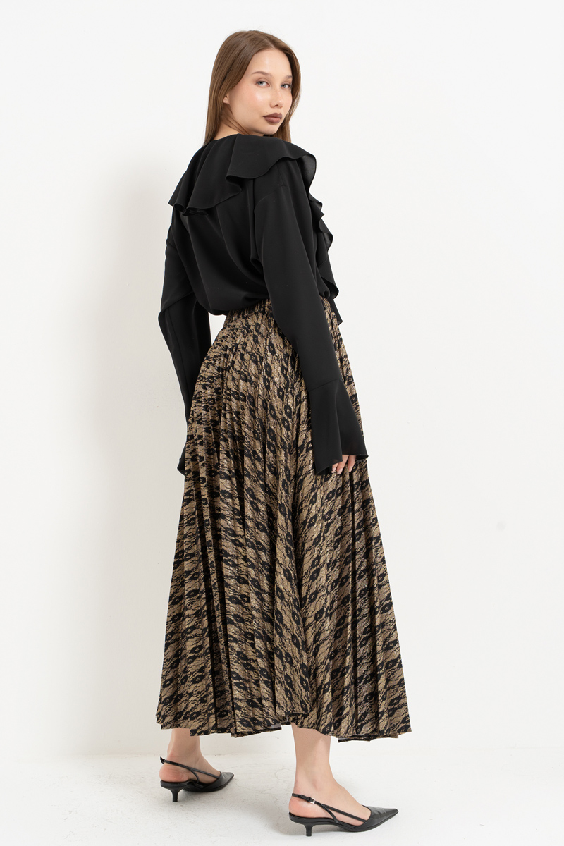 Siyah-Altin Beli Lastikli Piliseli Uzun Etek