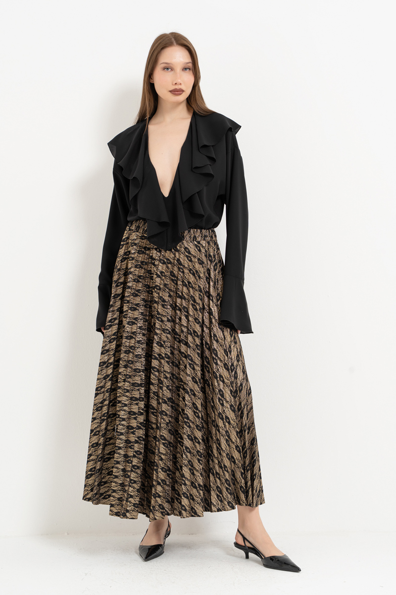 Siyah-Altin Beli Lastikli Piliseli Uzun Etek