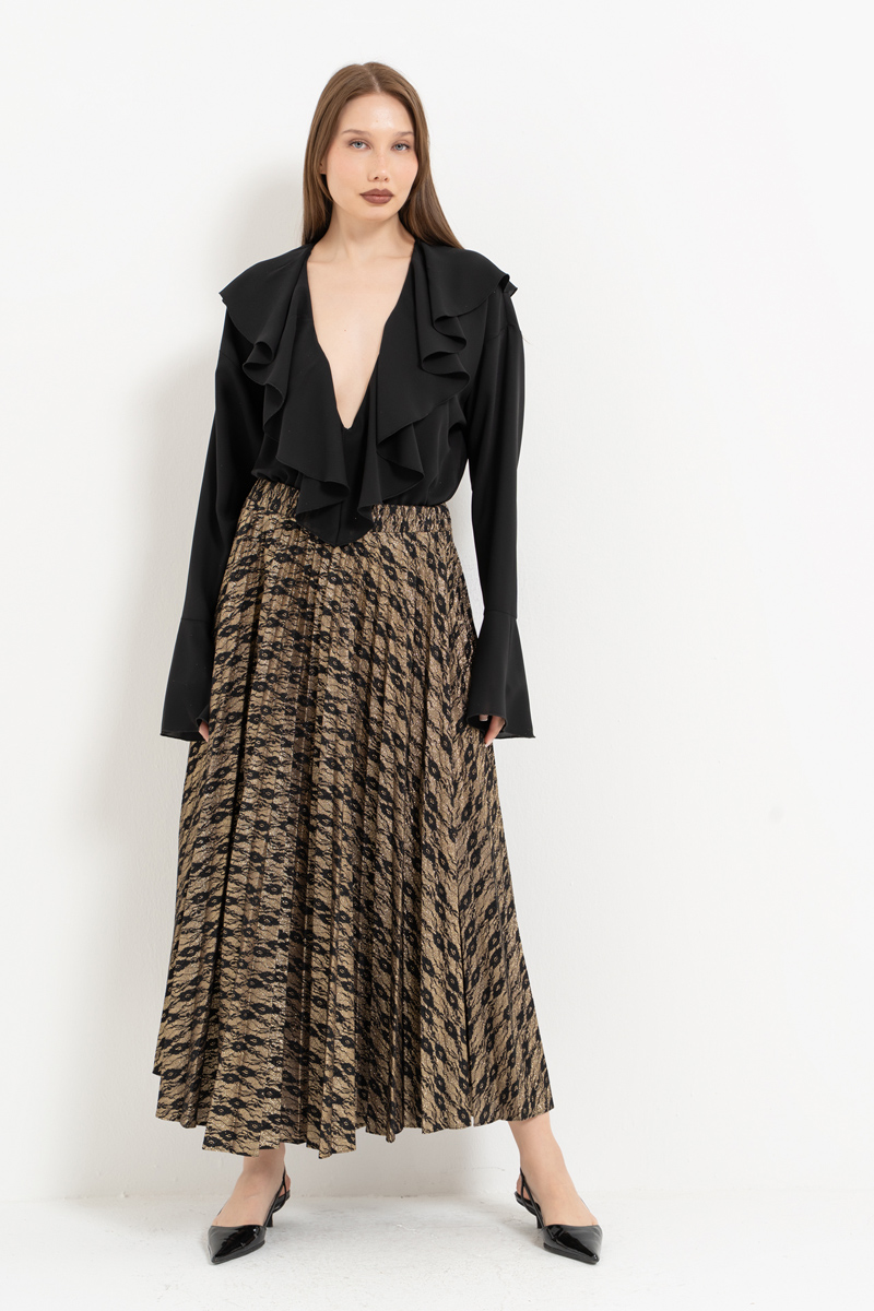 Siyah-Altin Beli Lastikli Piliseli Uzun Etek