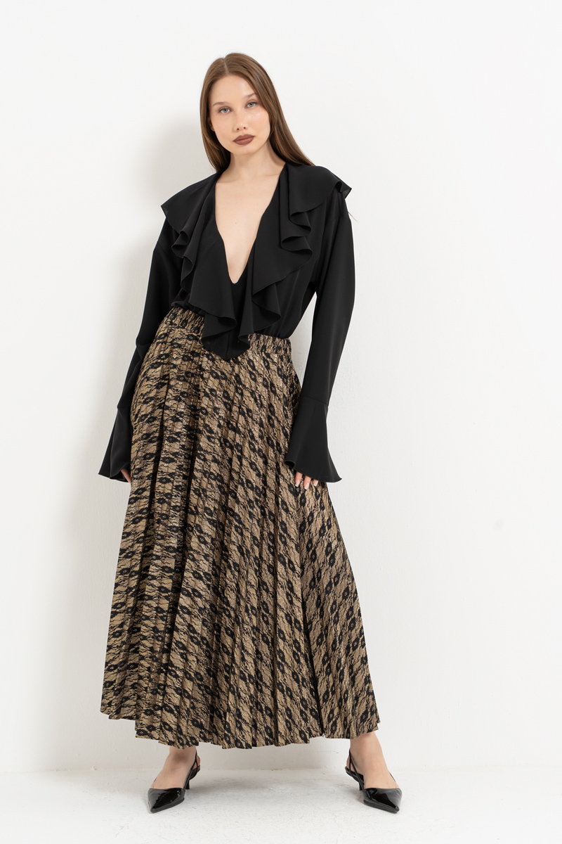 Siyah-Altin Beli Lastikli Piliseli Uzun Etek