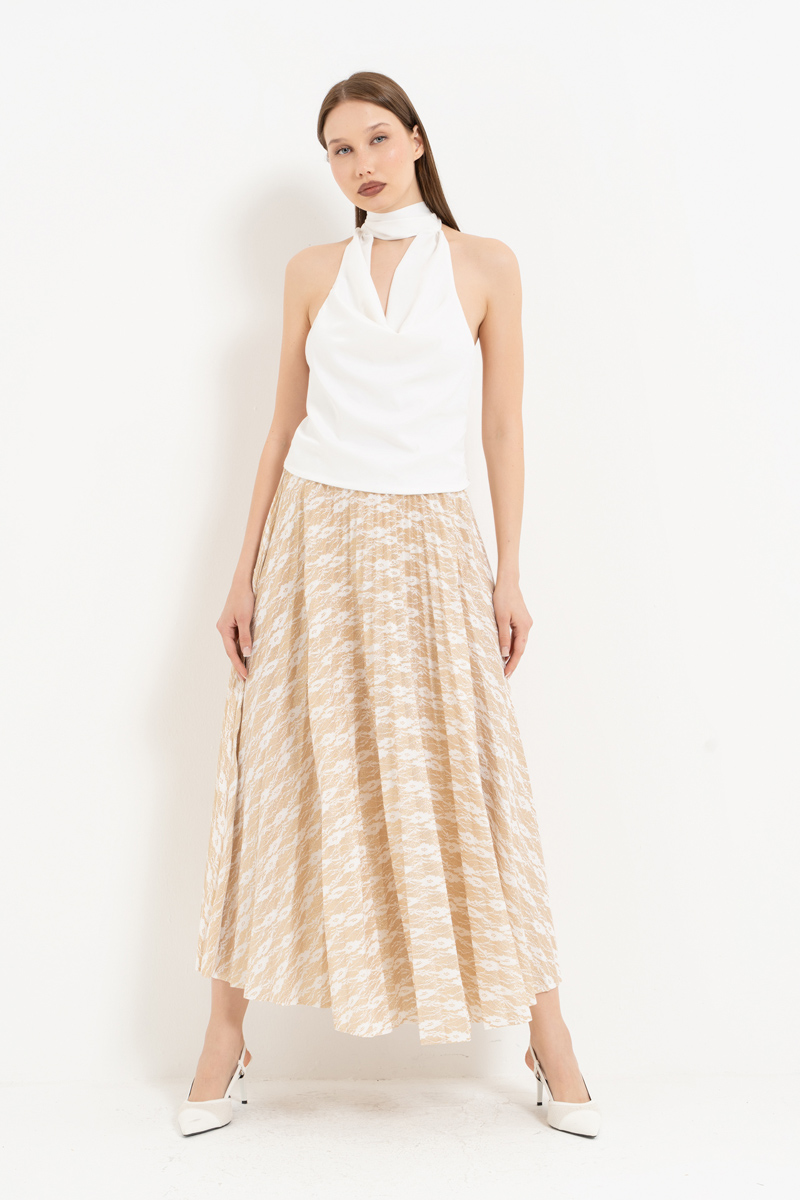 Offwhite-Gold Beli Lastikli Piliseli Uzun Etek