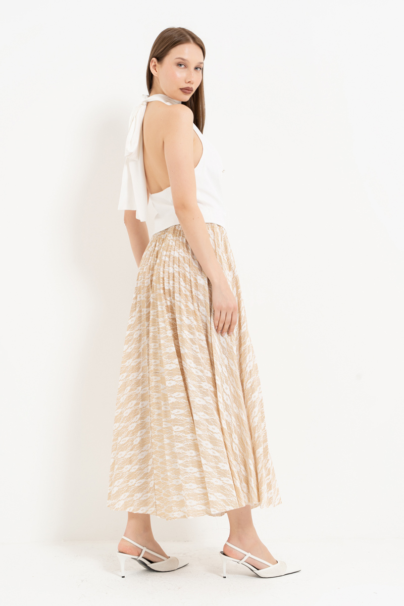 Offwhite-Gold Beli Lastikli Piliseli Uzun Etek