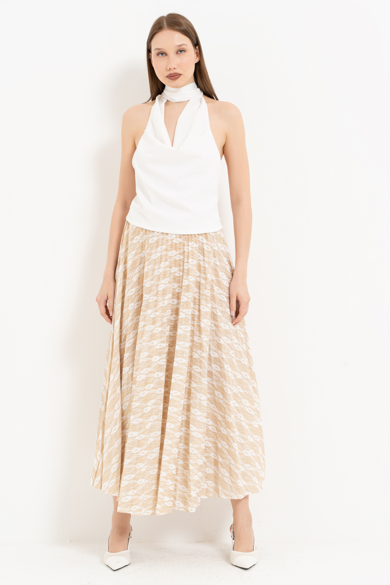 Offwhite-Gold Beli Lastikli Piliseli Uzun Etek