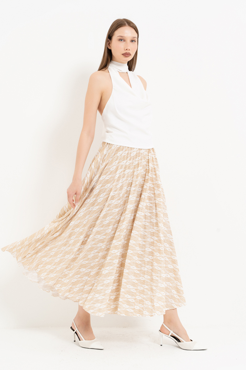 Offwhite-Gold Beli Lastikli Piliseli Uzun Etek