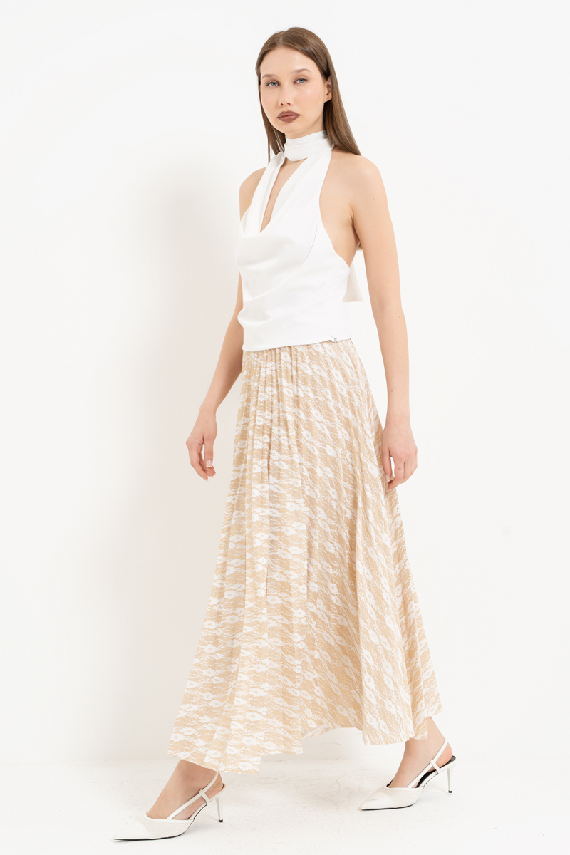 Offwhite-Gold Beli Lastikli Piliseli Uzun Etek