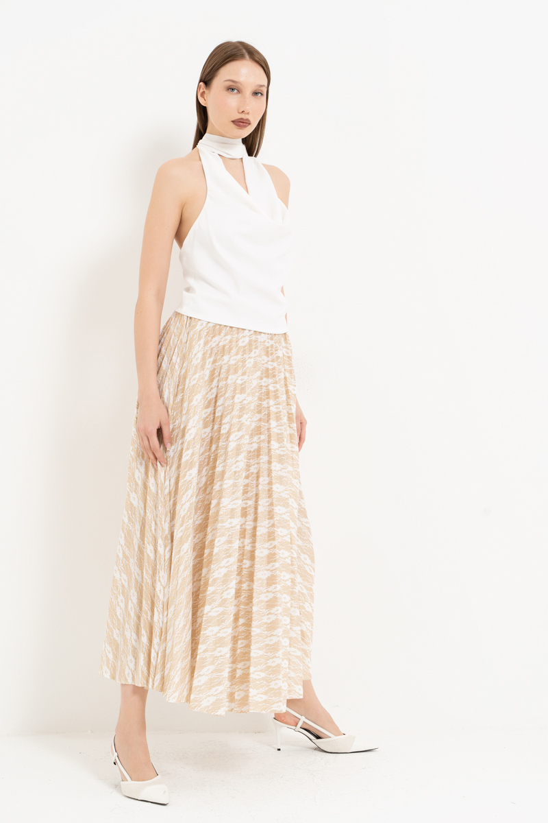 Offwhite-Gold Beli Lastikli Piliseli Uzun Etek