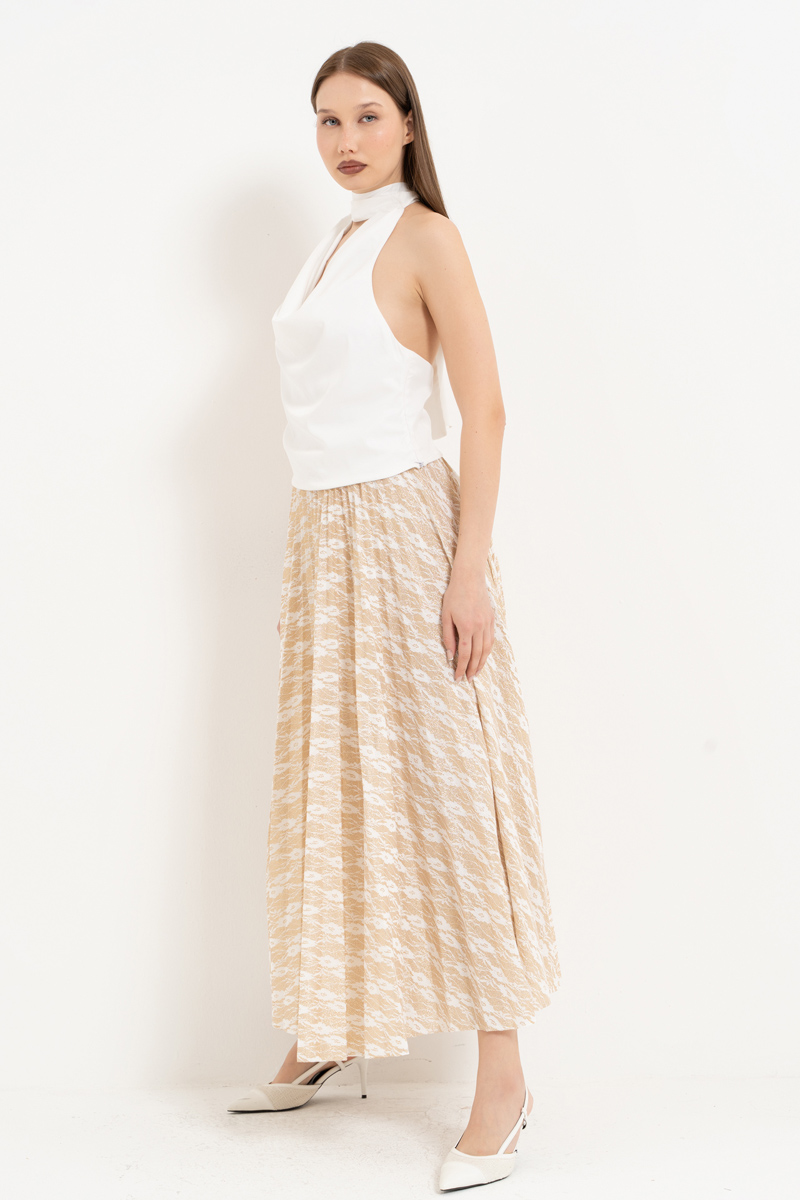 Offwhite-Gold Beli Lastikli Piliseli Uzun Etek