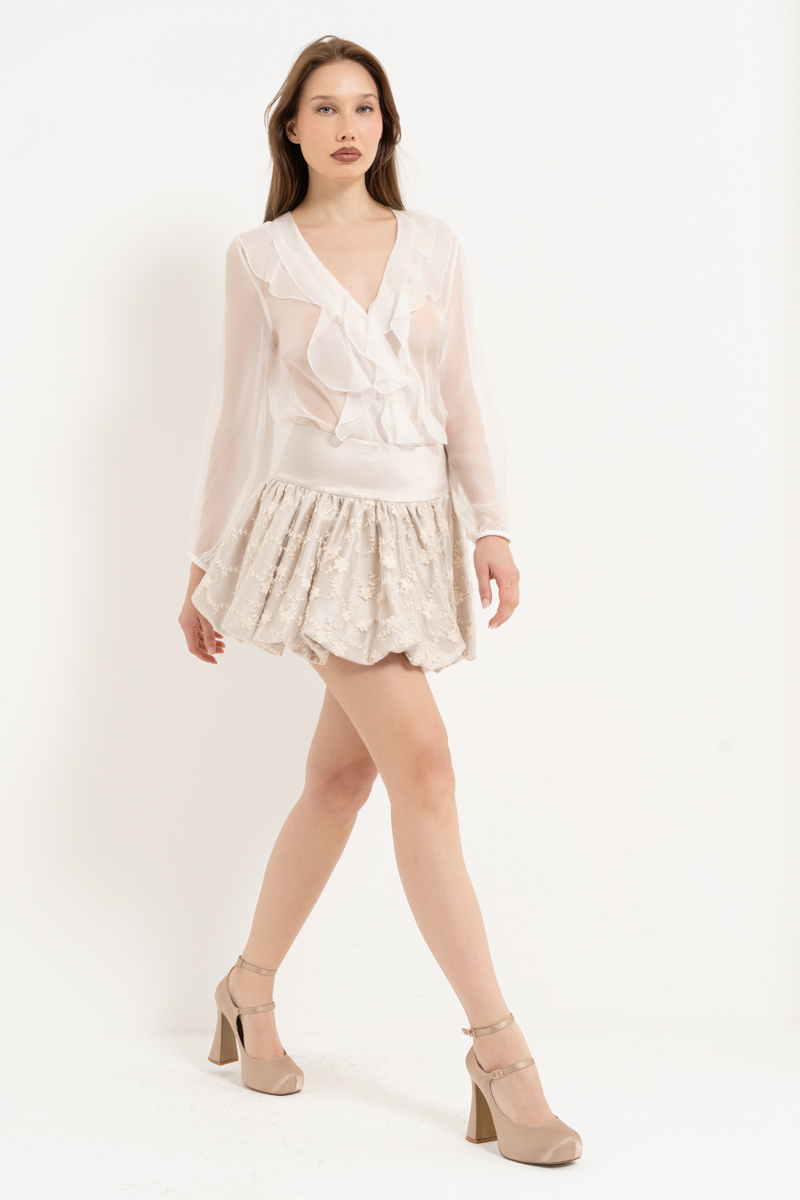 Krem İşlemeli Mini Balon Etek