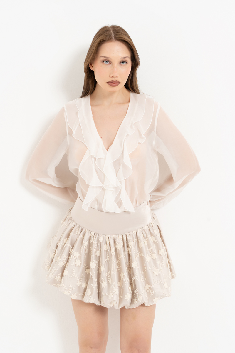 Krem İşlemeli Mini Balon Etek