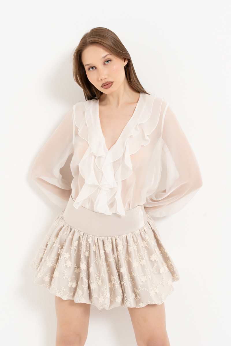 Krem İşlemeli Mini Balon Etek