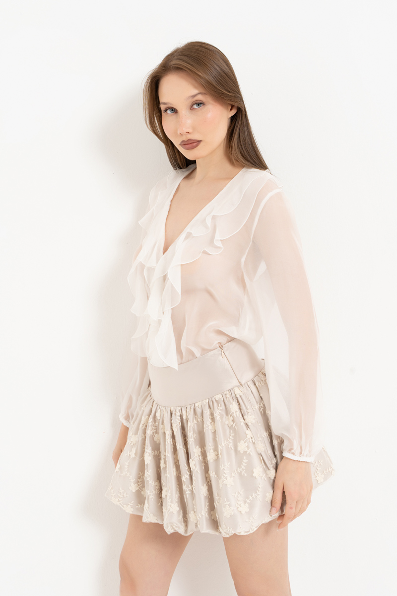 Krem İşlemeli Mini Balon Etek