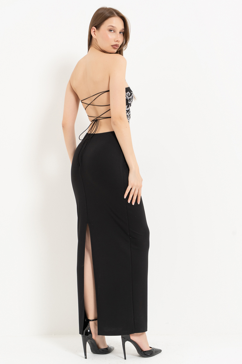 Siyah-Gümüş Sırt Dekolteli Taş Baskılı Straplez Elbise