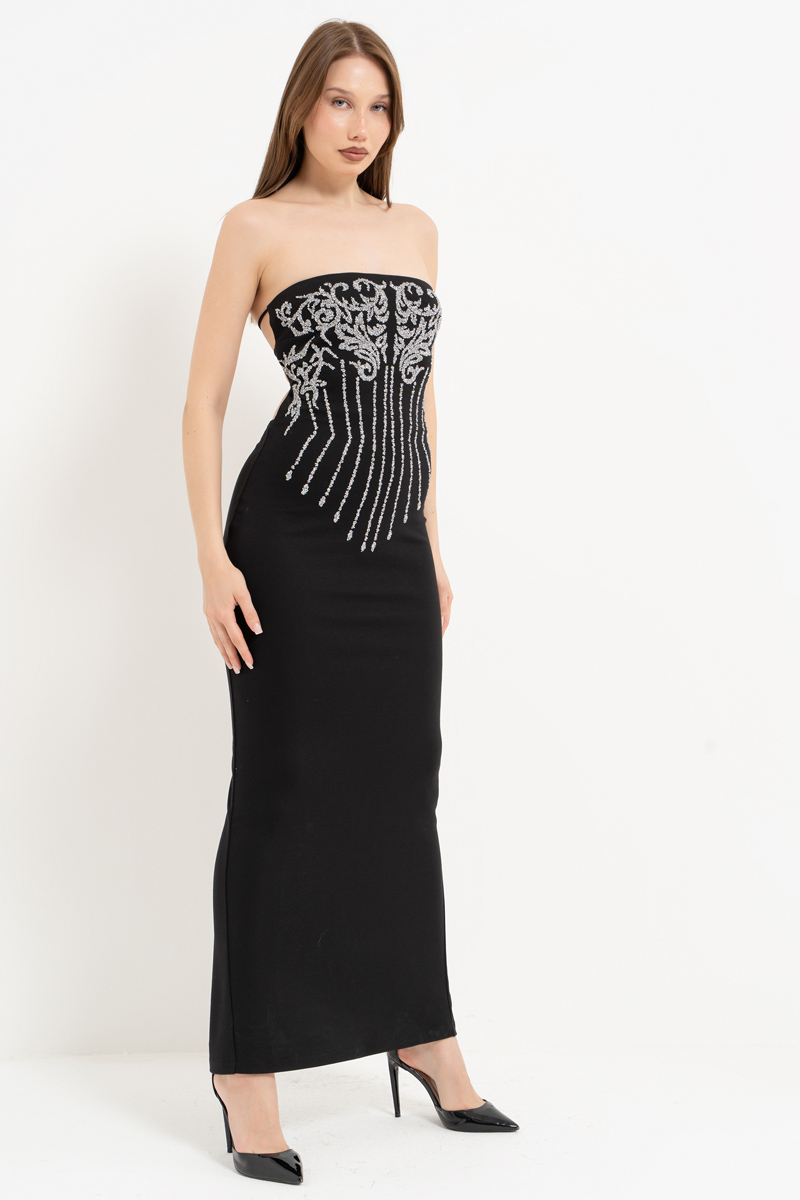Siyah-Gümüş Sırt Dekolteli Taş Baskılı Straplez Elbise