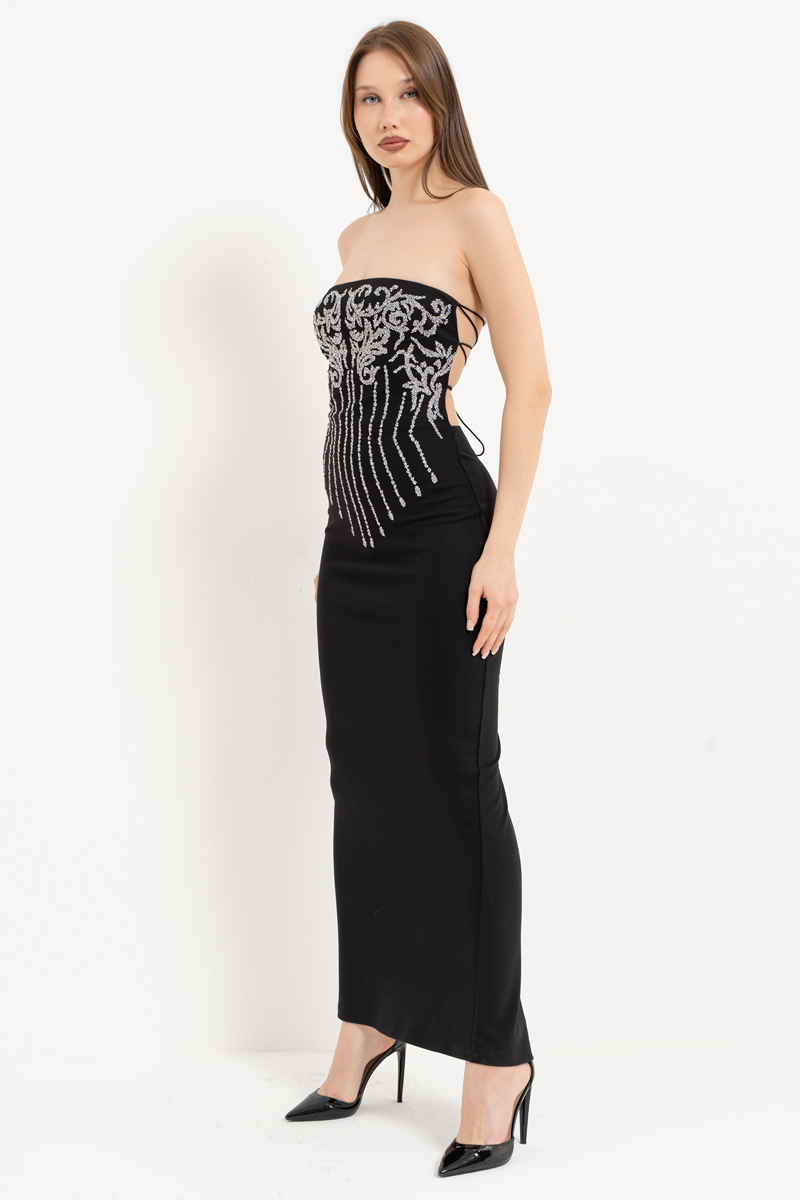 Siyah-Gümüş Sırt Dekolteli Taş Baskılı Straplez Elbise