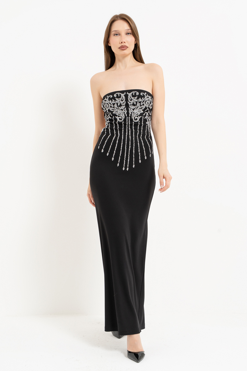 Siyah-Gümüş Sırt Dekolteli Taş Baskılı Straplez Elbise