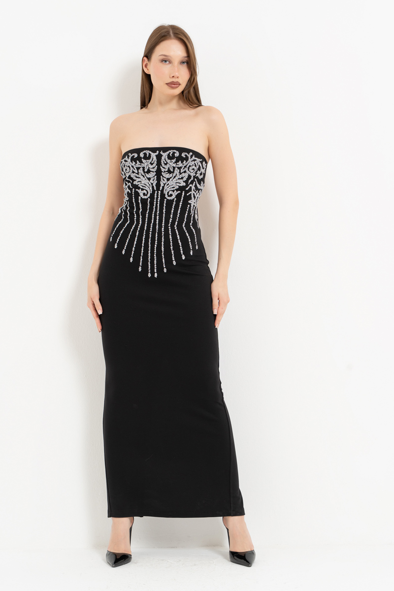 Siyah-Gümüş Sırt Dekolteli Taş Baskılı Straplez Elbise
