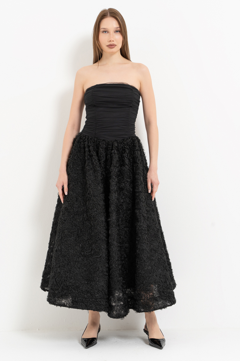 Siyah Straplez Büzgülü Midi Elbise