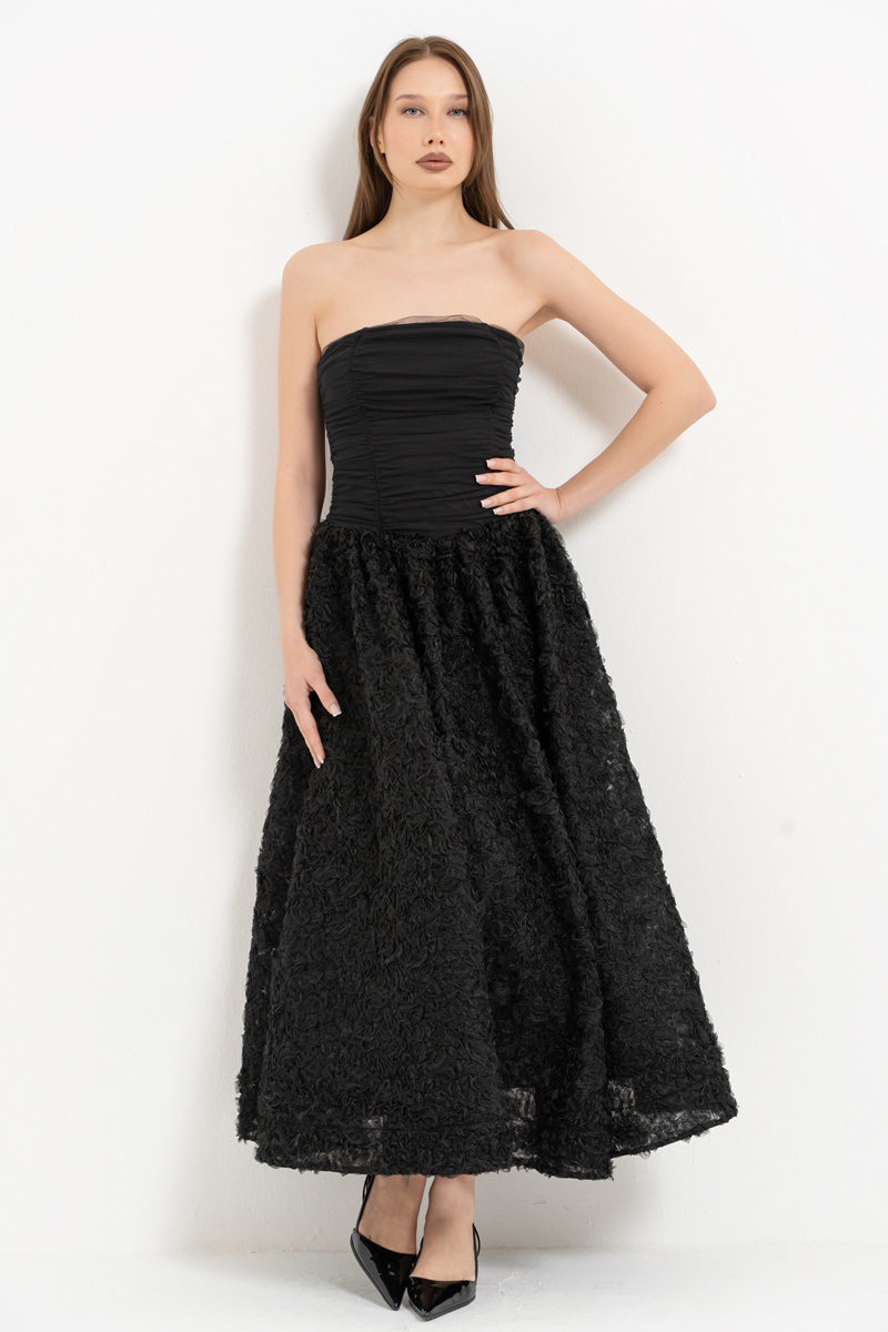 Siyah Straplez Büzgülü Midi Elbise