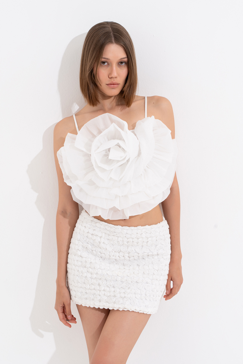 Off white Astarlı Gül Detaylı Mini Etek