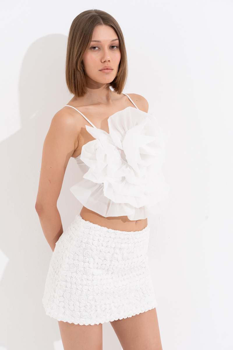 Off white Astarlı Gül Detaylı Mini Etek