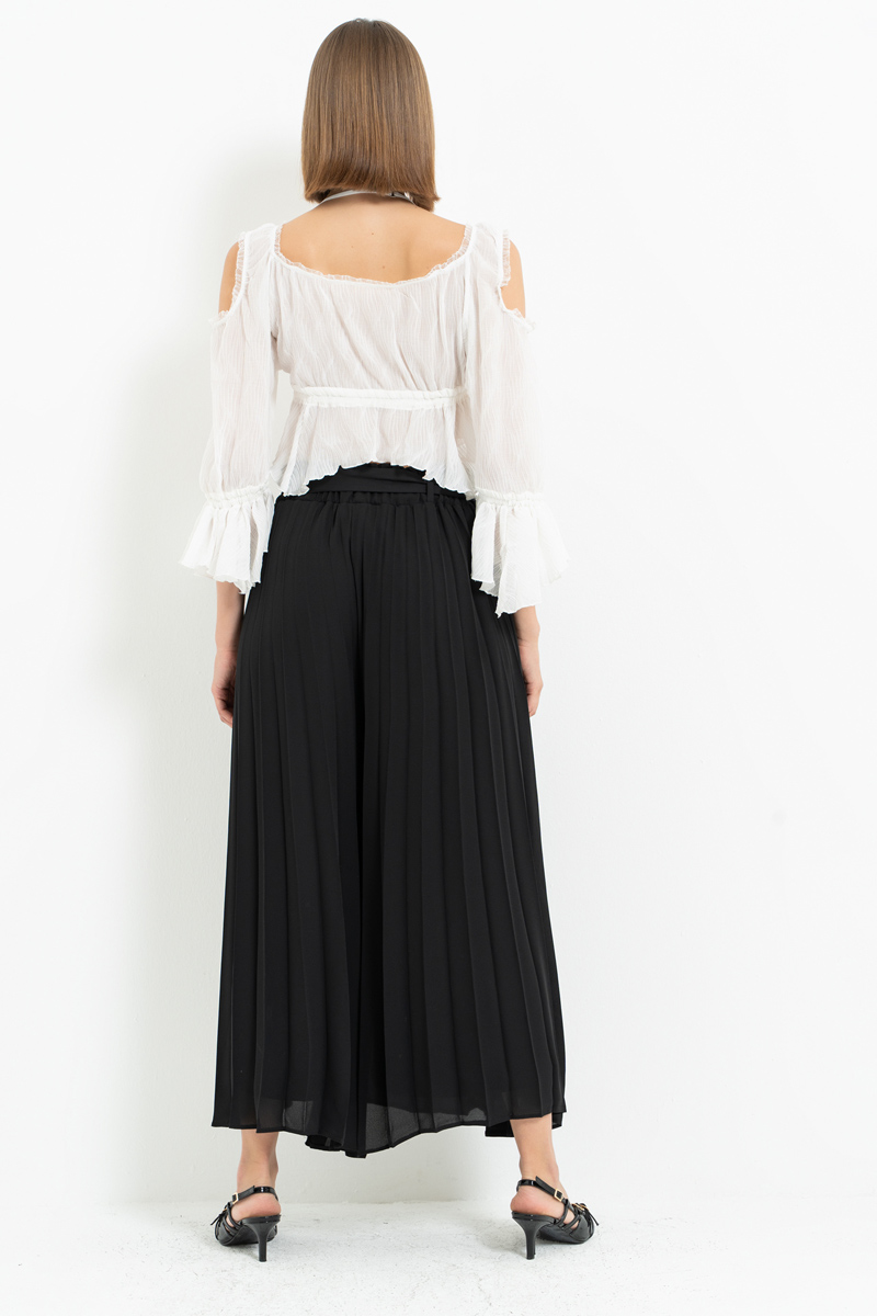 Siyah Beli Lastikli Pileli Pantolon