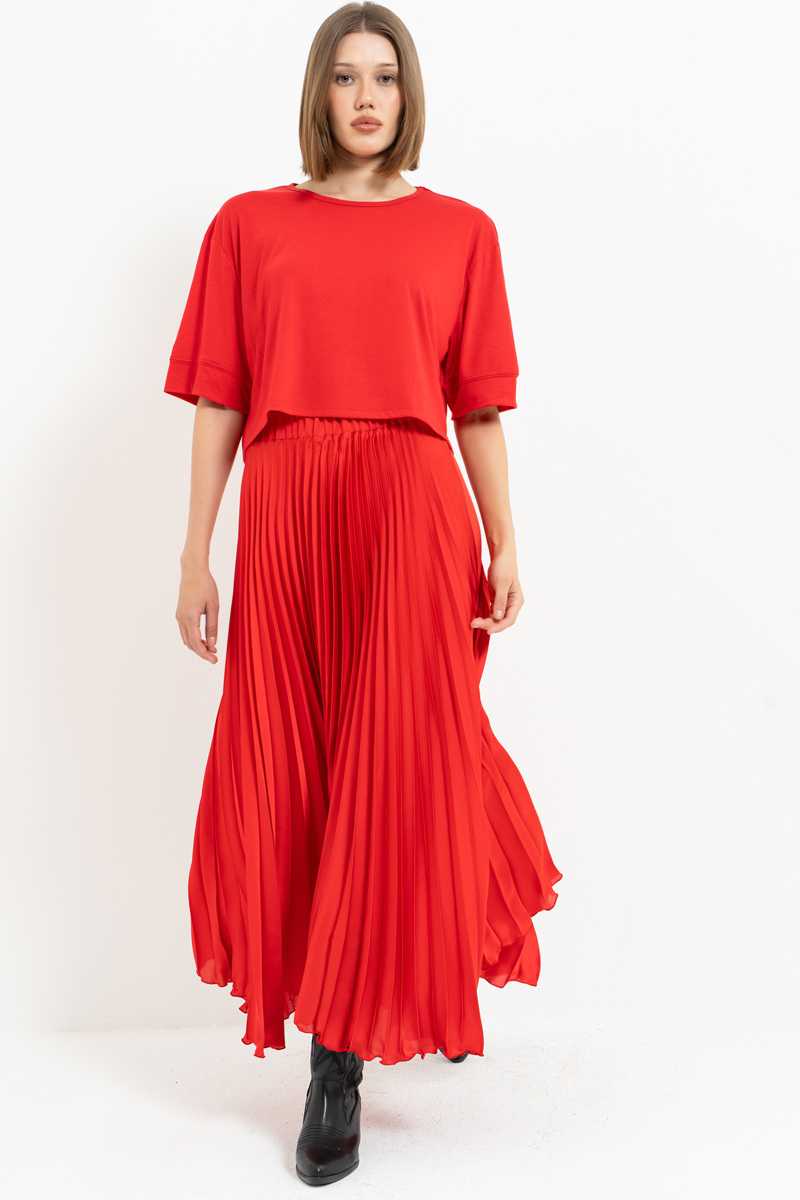 Kırmızı Beli Lastikli Pileli Uzun Etek