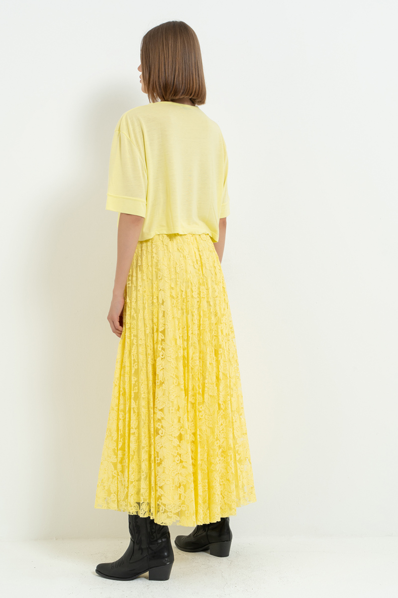 Sari Beli Lastikli Pileli Dantel Etek