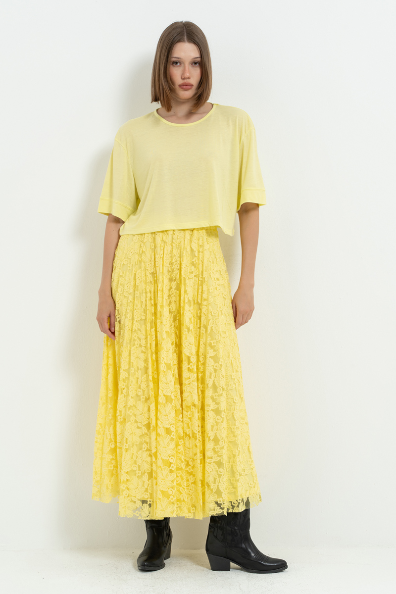 Sari Beli Lastikli Pileli Dantel Etek