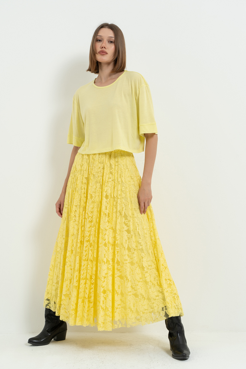 Sari Beli Lastikli Pileli Dantel Etek