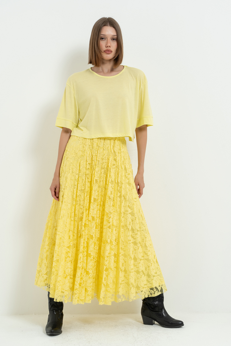 Sari Beli Lastikli Pileli Dantel Etek