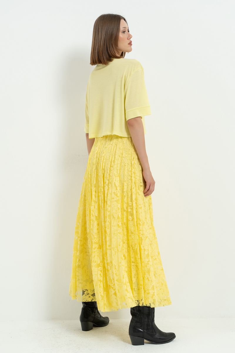 Sari Beli Lastikli Pileli Dantel Etek