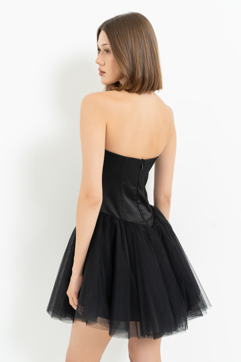 Siyah-Gümüş Taş Baskılı Straplez Mini Tütü Elbise