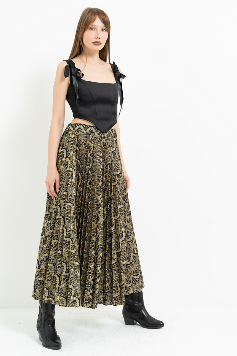 Siyah-Altin Desenli Pileli Uzun Etek