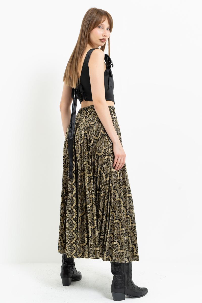 Siyah-Altin Desenli Pileli Uzun Etek
