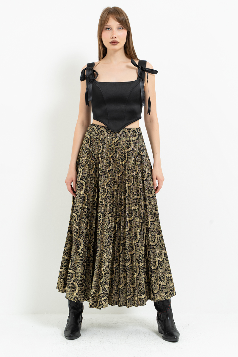 Siyah-Altin Desenli Pileli Uzun Etek