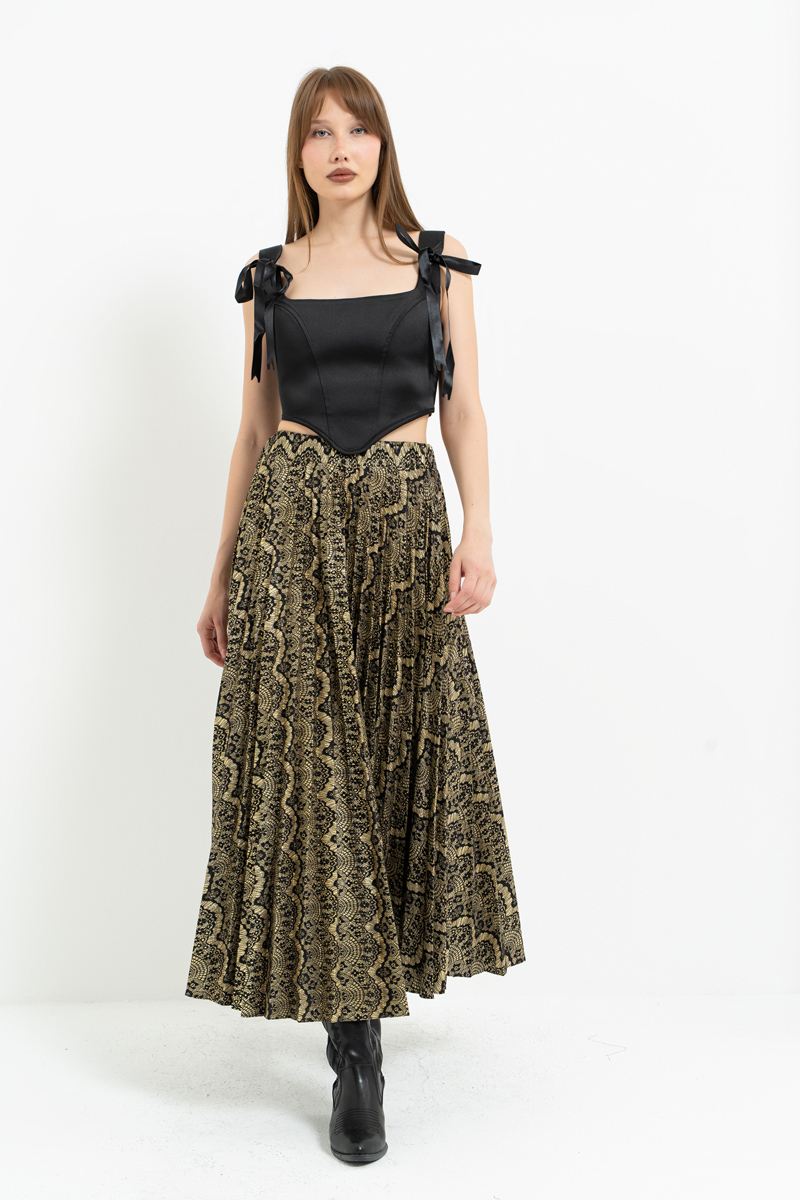 Siyah-Altin Desenli Pileli Uzun Etek