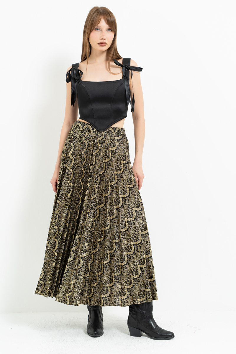 Siyah-Altin Desenli Pileli Uzun Etek