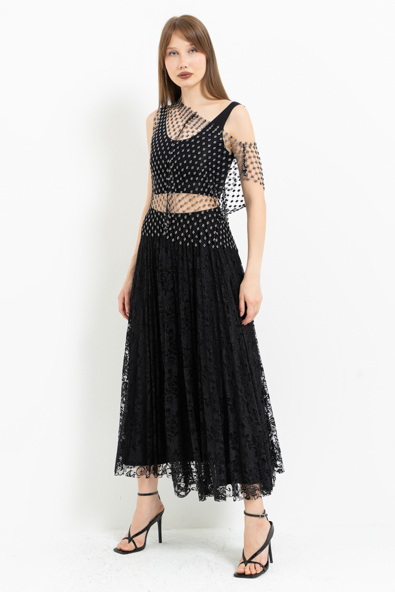 Siyah Beli Lastikli Pileli Dantel Etek