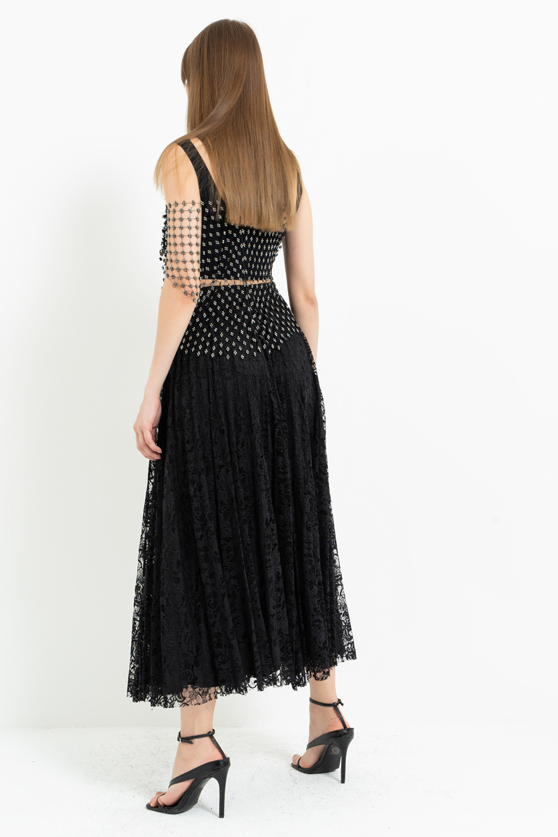 Siyah Beli Lastikli Pileli Dantel Etek