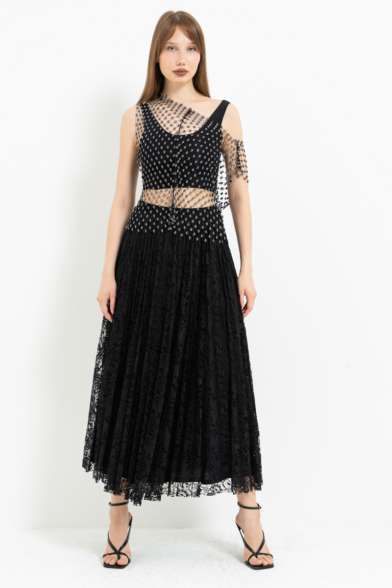 Siyah Beli Lastikli Pileli Dantel Etek