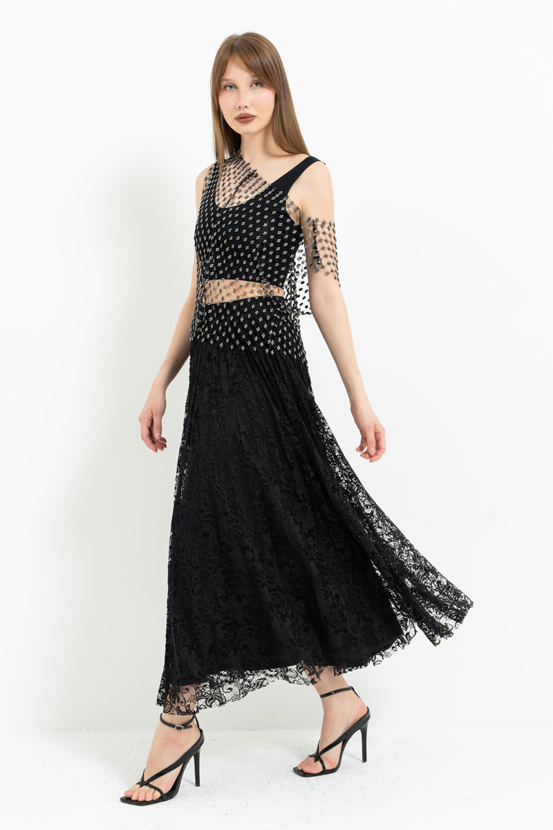 Siyah Beli Lastikli Pileli Dantel Etek