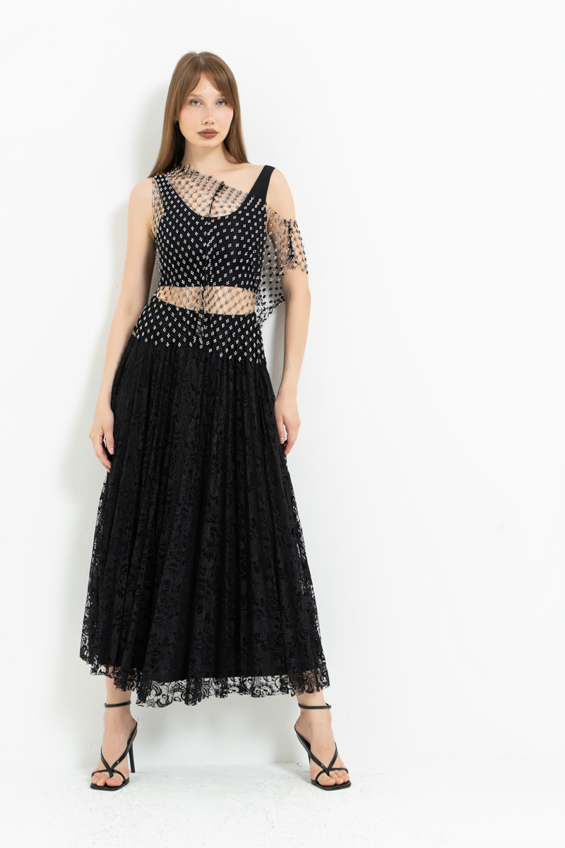 Siyah Beli Lastikli Pileli Dantel Etek