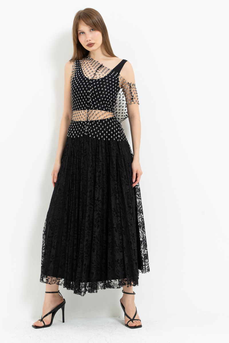 Siyah Beli Lastikli Pileli Dantel Etek